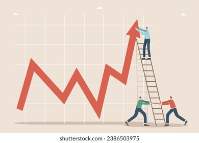 Teamwork to achieve heights, business strategy to achieve goals, income and salary growth, cooperation for rapid business development, career growth, men holding ladder and man raising arrow on graph.