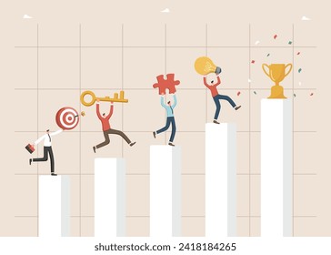Teamwork to achieve heights, collaboration or partnership to complete tasks successfully, brainstorming to achieve business goals, team motivation and performance, work team running to winning cup.