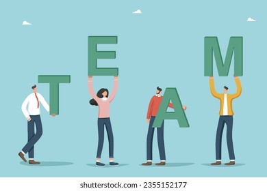 Teamwork to achieve heights in work, collaboration and partnership to complete tasks successfully, brainstorming to achieve business goals, team motivation and performance, people with team letters.
