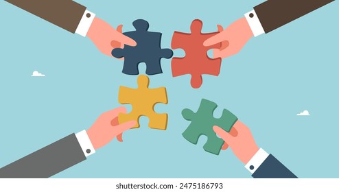 Teamwork to achieve heights in work, collaboration and partnership to complete tasks successfully, brainstorming to achieve business goals, team motivation and performance, hands connecting a puzzle.