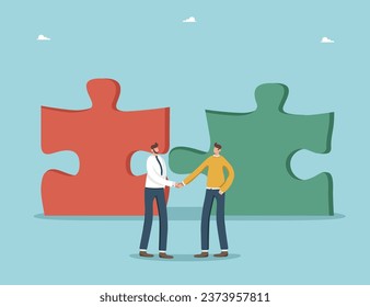 Trabajo en equipo para alcanzar niveles elevados en el trabajo, planificación estratégica para alcanzar objetivos comunes, cooperación para un rápido ritmo de desarrollo de negocios, trabajo en equipo para el crecimiento financiero, hombres que dan la mano cerca de rompecabezas plegados