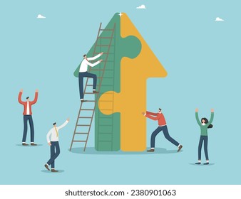 Teamwork to achieve heights in work, strategic planning in achieving common goals, cooperation for fast pace of business development, teamwork for financial growth, people near the arrow with puzzles.