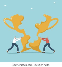 Teamwork to achieve the highest result in work, cooperation and partnership to achieve common goals, choose a winning business development strategy together, two businessmen collect two parts of cup.