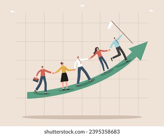 Trabajo en equipo para lograr los resultados más altos, intercambio de ideas para el crecimiento de los ingresos y la prosperidad empresarial, cooperación o asociación para alcanzar objetivos y la victoria, asistencia y apoyo mutuos, trabajo en equipo en flecha