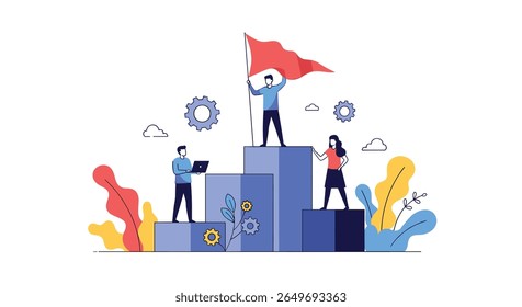 Teamwork and achievement people reaching the summit together celebrating success with a flag at the top victory and collaboration concept