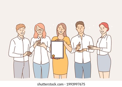 Teamwork, achievement and success concept. Group of young smiling people team cartoon characters standing holding diploma with honors and looking at camera 