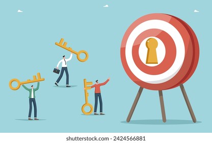 Teamwork to achieving business goals, motivation and determination for great success, creative strategies to achieve excellence in work and career growth, men with keys near dart board with keyhole.