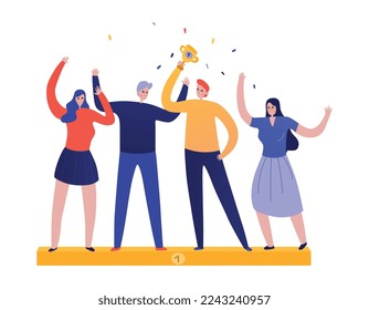 Teamwork achieving goal flat concept with happy people getting trophy vector illustration