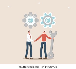 Teamwork in achieving goals and receiving rewards, cooperation or partnership in business optimization, common vision of business and increasing profitability, men shaking hands under gears with euro.