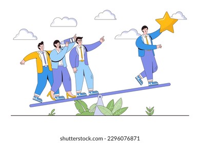 Teamwork to achieving success concept. Group of people are swinging and working together to get a star from the sky. Outline design style minimal vector illustration for landing page, web banner.