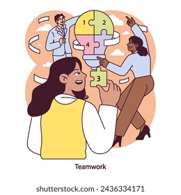 Teamwork in action. Colleagues collaborate to complete a puzzle, symbolizing unity and shared goals in problem-solving. Vector illustration.