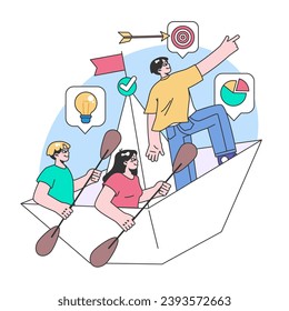 Teamwork in action concept. A leading man aims for the target while his teammates paddle the paper boat, accompanied by symbols of ideas, accomplishment, and analysis. Flat vector illustration
