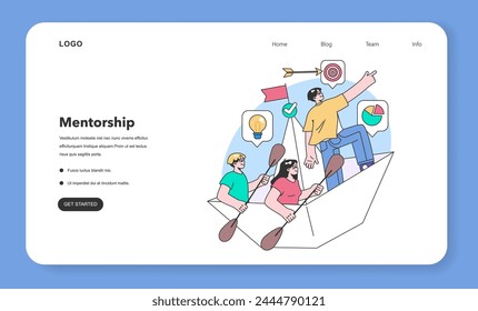 Teamwork in action concept. A leading man aims for the target while his teammates paddle the paper boat, accompanied by symbols of ideas, accomplishment, and analysis. Flat vector illustration