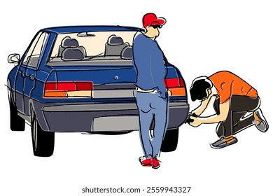 Teamwork in Action: Fixing a Tire. People on the road are trying to solve the problem with Car. Hand drawn flat cartoon style illustration. 