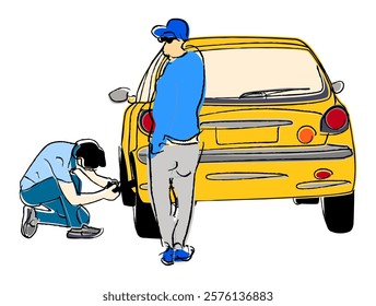 Teamwork in Action: Fixing a Tire. People on the road are trying to solve the problem with Car. Hand drawn flat cartoon style illustration. 