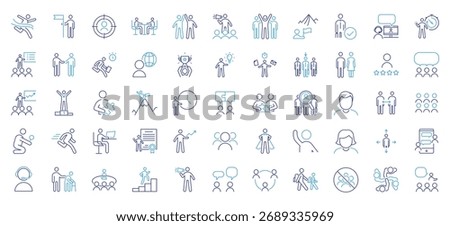 Teamwork, actions, leadership and human interactions icon set. Thin line editable stroke icons for collaboration, motivation, communication, success, business growth, and human resources management.