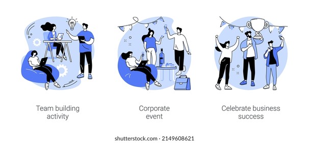 Teamwork activities isolated cartoon vector illustrations set. Team building activity, corporate event, colleagues celebrate business success, professional meetup, successful deal vector cartoon.