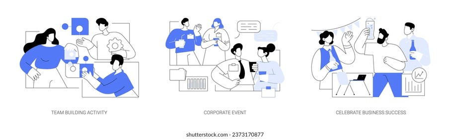 Teamwork activities isolated cartoon vector illustrations set. Team building activity, corporate event, colleagues celebrate business success, professional meetup, successful deal vector cartoon.