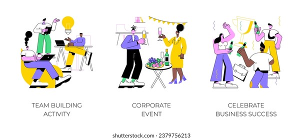 Teamwork activities isolated cartoon vector illustrations set. Team building activity, corporate event, colleagues celebrate business success, professional meetup, successful deal vector cartoon.