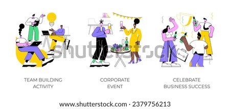 Teamwork activities isolated cartoon vector illustrations set. Team building activity, corporate event, colleagues celebrate business success, professional meetup, successful deal vector cartoon.