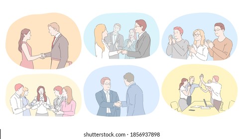 Teamwork, agreement, development in office concept. Business people partners coworkers shaking hands after successful negotiations, applauding for colleagues success and making agreements illustration