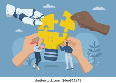 Teamwork with AI, Collaboration of personnel with artificial intelligence, New innovation development, Big hands work with robots to complete light bulb jigsaw puzzles. Vector design illustration.