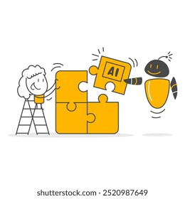 Teamwork with AI. Innovation and development of new technology. Businessman doing puzzle with robot. Employee collaboration with AI.