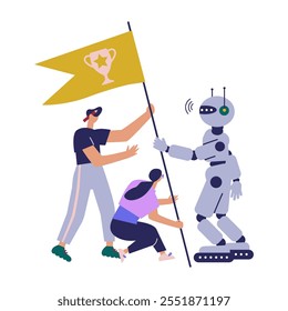 Trabalho em equipe com robô AI. Parceria com um conceito de robô. Alcançando o objetivo com uma IA robótica e bandeira como um símbolo de sucesso e alturas. Ilustração de vetor de desenho animado plano.