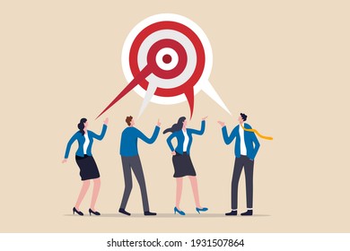 Teamwork aiming on the same target, collaboration to succeed in the same goal, partnership strategy concept, business people or business partner discussing work building circular dartboard target.