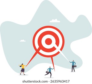 Teamwork aiming on the same target, collaboration to succeed in the same goal, partnership strategy.character for design.