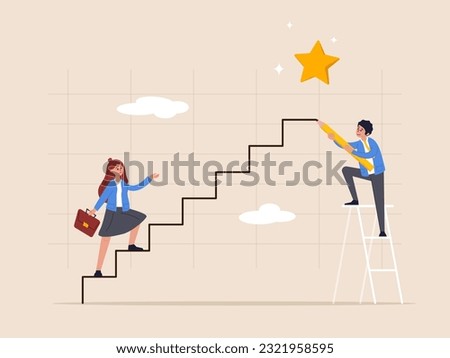 Teamwork ambition, progress and achieve goal, growing business or improvement, motivation to develop path or stair to success, smart businessman using pencil to draw stair climb up to success.