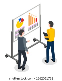Teamwork analysis. Businesspeople discussing strategy, financial plan, statistics, diagram, looking presentation, business statistics. Office workers stand near digital board with visual presentation