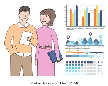 Teamwork analysis on business project results vector, man and woman looking at document, report in hands of worker, information in visual representation