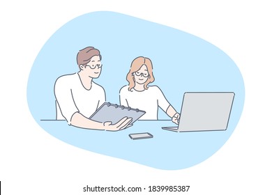 Teamwork, analysis, partnership, discussion, meeting, business concept. Team of young businesspeople colleagues coworkers partners working together. Brainstorming project assistance illustration.