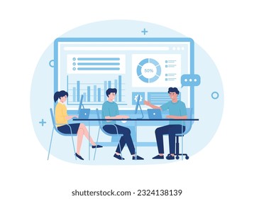 Teamwork analyzing charts business using laptop,computer concept trending flat illustration