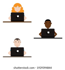 Trabajo en equipo desde cualquier parte del mundo. Vector. Gente detrás de laptops. Comunicación en línea.Diferentes nacionalidades trabajan juntas.