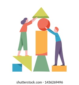 trabajo en equipo: organización de formas geométricas abstractas, concepto de buena cooperación, ilustración portadora plana vectorial
