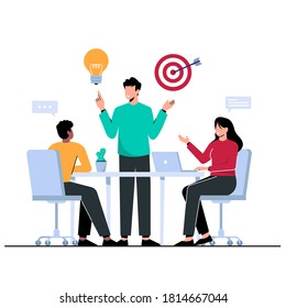 Teamwork is arranging planning, discussion work teams providing business ideas and targets, meetings at the office. Concept vector illustration