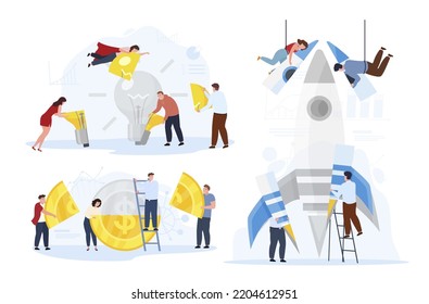 Teamwork assembling parts light bulb spaceship coin money startup business colleague partnership set vector flat illustration. Tiny people cooperation together for goal innovation wealth solution