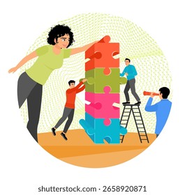 Teamwork in assembling a tall and colorful puzzle tower, symbolizing unity and cooperation. Business concept.
