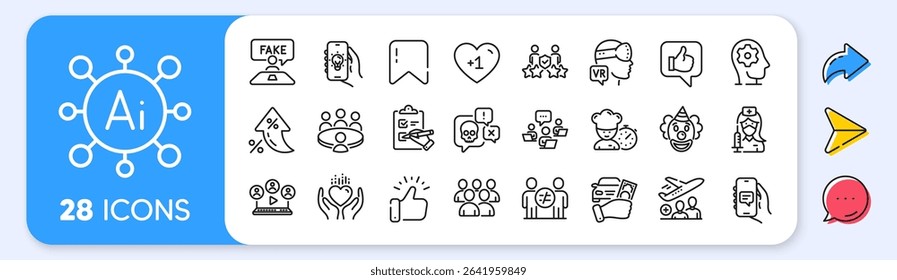Teamwork, Augmented reality and Checklist line icons. Interest rate, AI generate, Inflation icons. Pack of Chef, Brain working, Cyber attack icon. Group, Like, Security agency pictogram. Vector