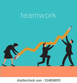 Teamwork background with business people and pencil line graph