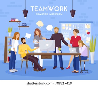 Fundo de trabalho em equipe com coworking símbolos de fluxo de trabalho de escritório ilustração vetorial plana