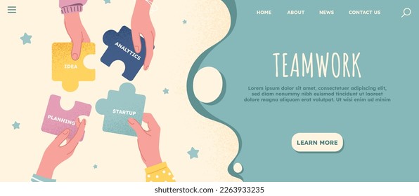 Teamwork banner concept. Hands hold puzzles with inscriptions analytics, idea, planning and start up. Partners and colleagues collaborate. landing page design. Cartoon flat vector illustration
