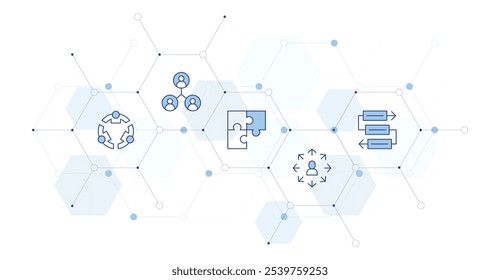 Teamwork Banner Vector Illustration with Icon Style in Between. Line Duotone icon. Containing workflow, team, teamwork, networking, puzzle.