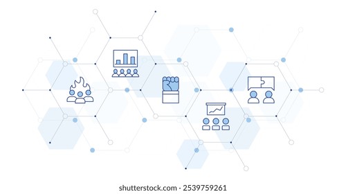 Teamwork Banner Vector Illustration with Icon Style in Between. Line Duotone icon. Containing teamwork, graphic, motivation, presentation.