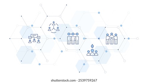 Ilustração de vetor de banner de trabalho em equipe com estilo de ícone entre. ícone Duotônico de Linha. Contendo mediador, trabalho em equipe, discussão, rede.