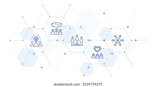 Ilustración vectorial de Anuncio de trabajo en equipo con estilo de ícono en el medio. Icono de línea Duotone. Contiene equipo creativo, equipo, trabajo en equipo, intermediario, liderazgo.