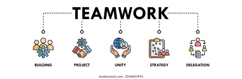 Teamwork banner web icon illustration concept with icon of building, project, unity, strategy, and delegation