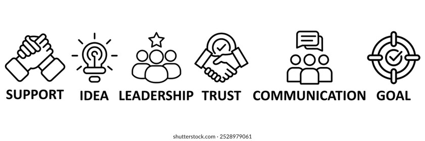 Concepto de Ilustración vectorial del icono del Web del Anuncio del trabajo en equipo con el icono de la Asistencia, idea, dirección, confianza, comunicación, meta